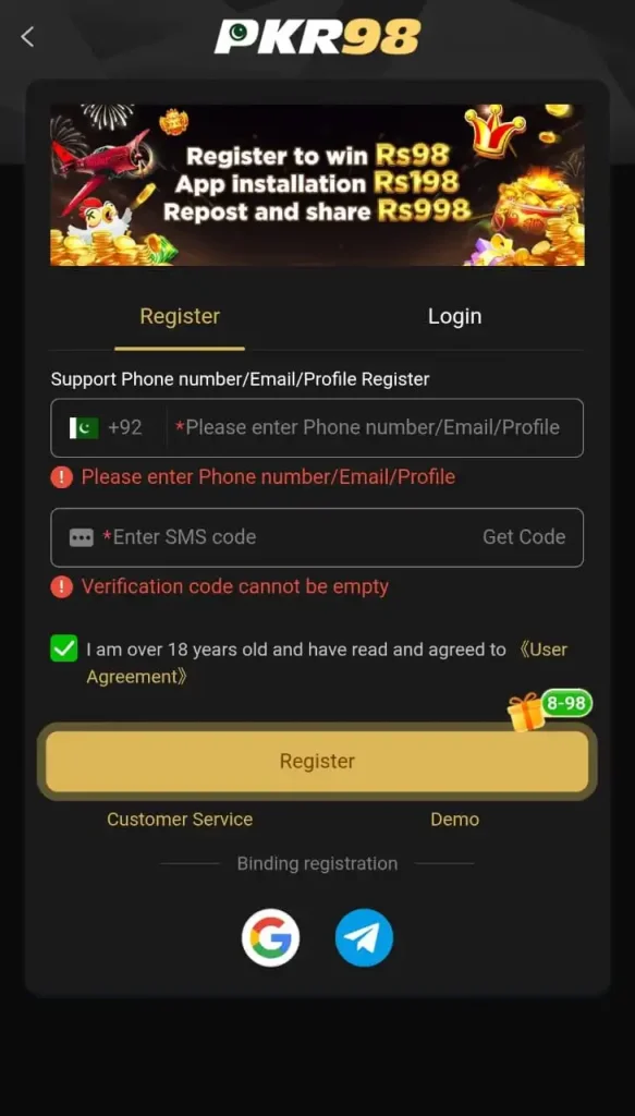 register on pkr98 Game